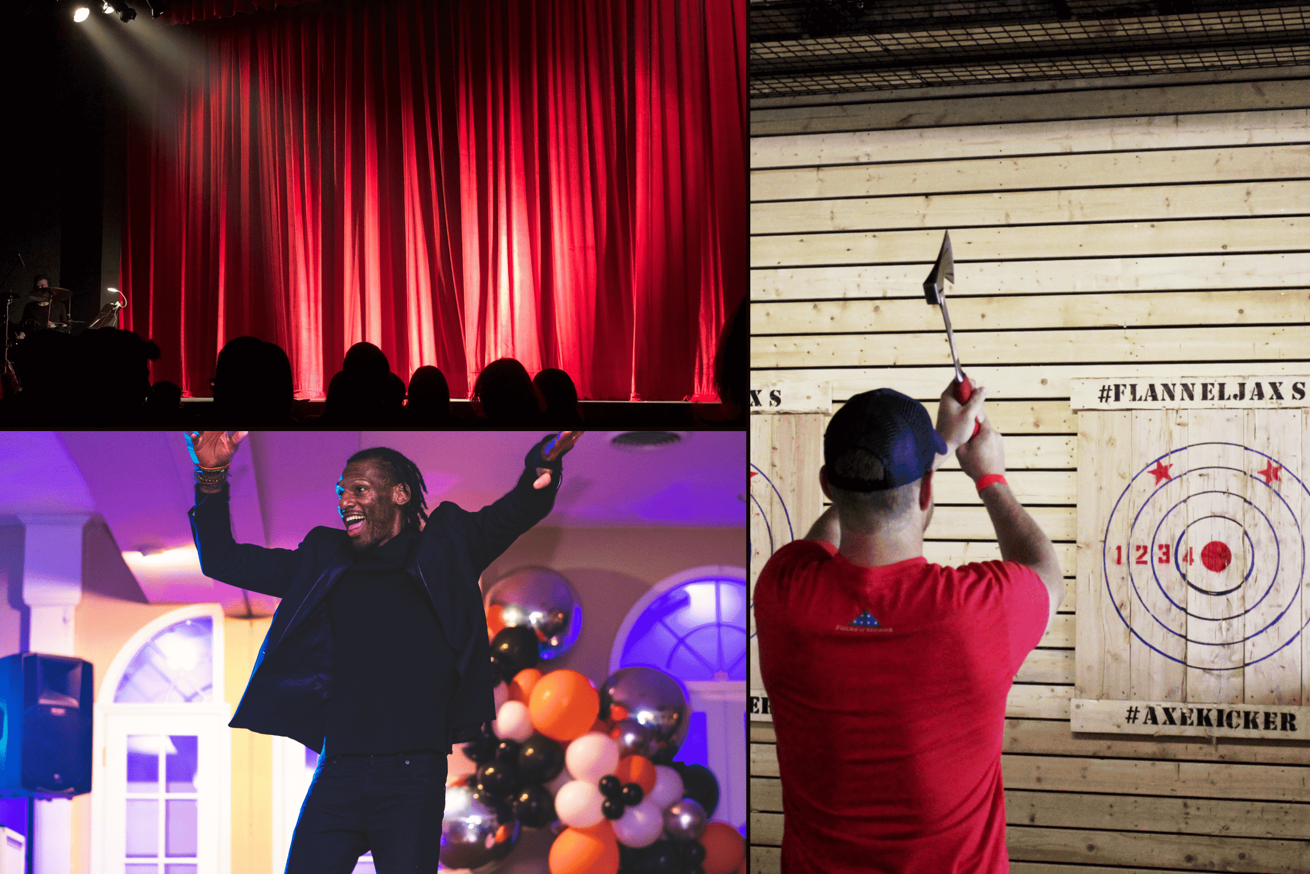 Birthday ideas for adults - a comedy bar, a man dancing, axe throwing